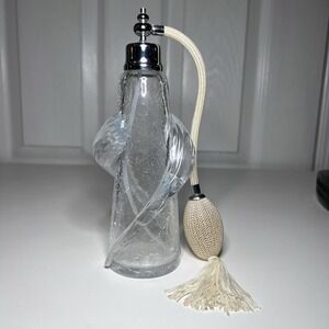 Vtg Crackle Swirling Glass Perfume Bulb Atomizer Bottle cream-colored tassel